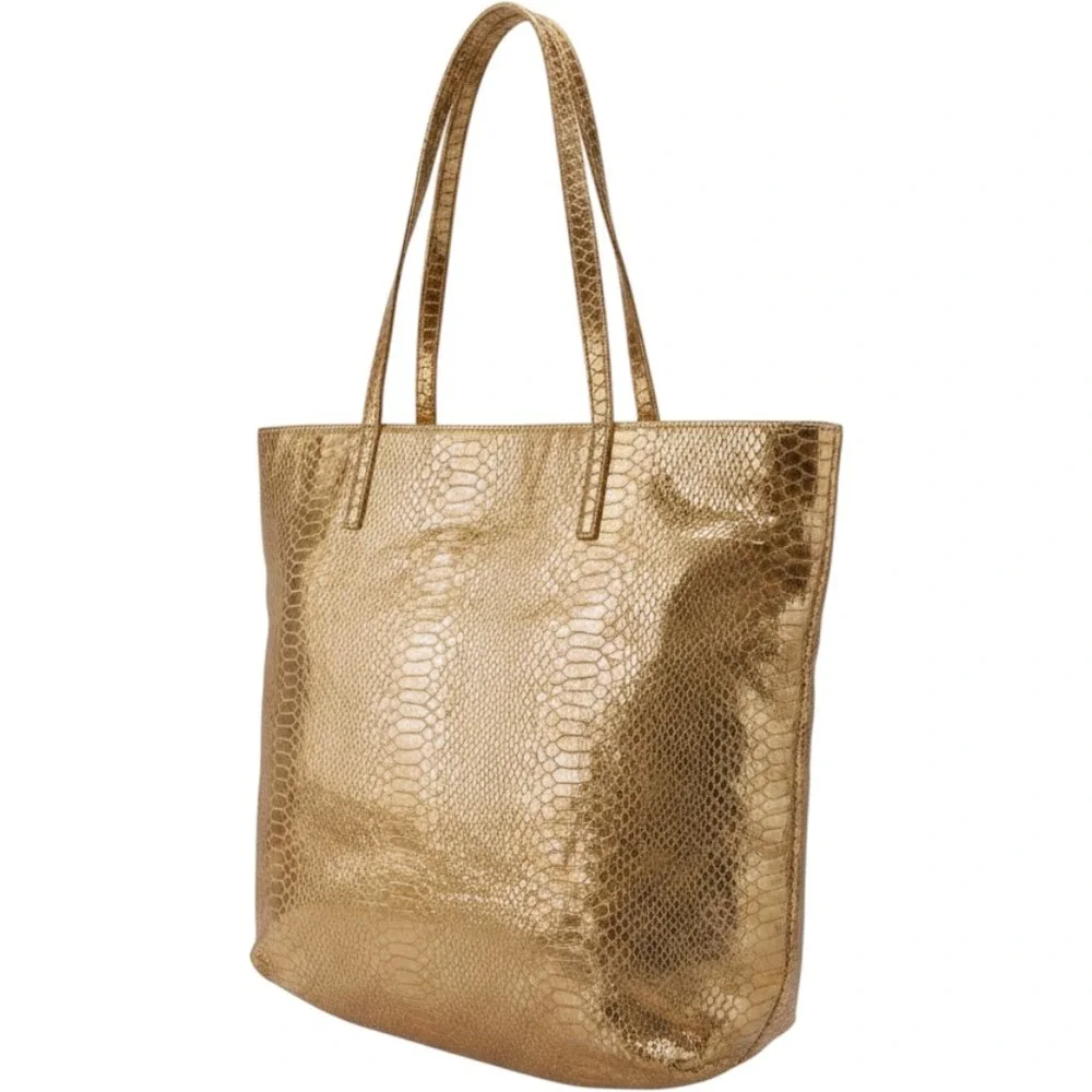 Vintage Kate Spade Gold Metallic Snakeskin Embossed Tote Bag Polka Dot Lining